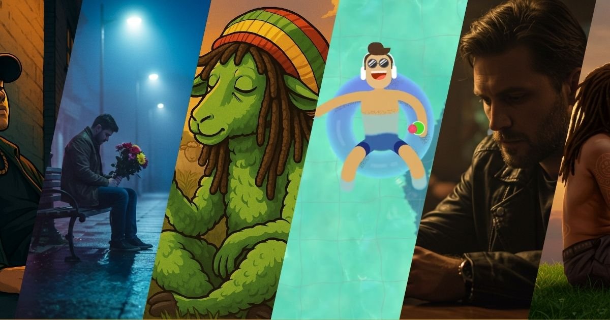 Banner promocional con estilo artístico que muestra cuatro playlists de Luna Frontera: un hombre con flores en la lluvia (Flow Consciente), un león rastafari relajado (Reggae Verde Frontera), una ilustración divertida en una alberca (Verano Chill), y un hombre reflexivo en la oscuridad (Hip-Hop desde la Línea). Diversidad de géneros y emociones en un diseño atractivo.