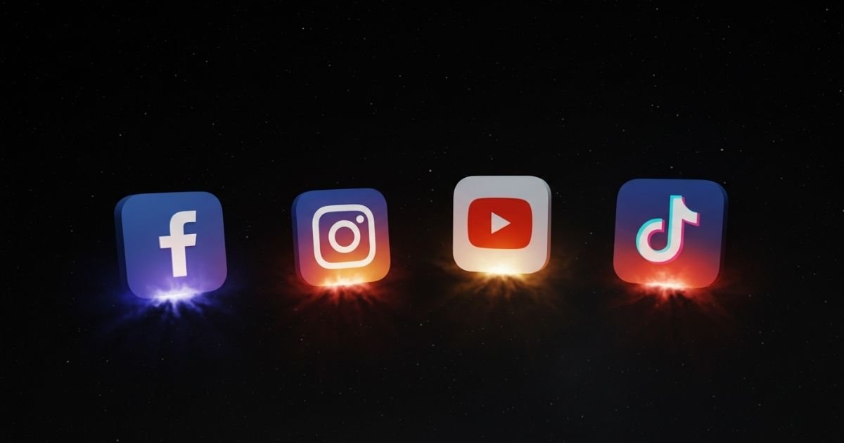 Imagen promocional con fondo oscuro y brillantes íconos de YouTube, Instagram y TikTok, acompañados del mensaje “Encuéntranos Online” invitando a seguirnos en redes sociales.