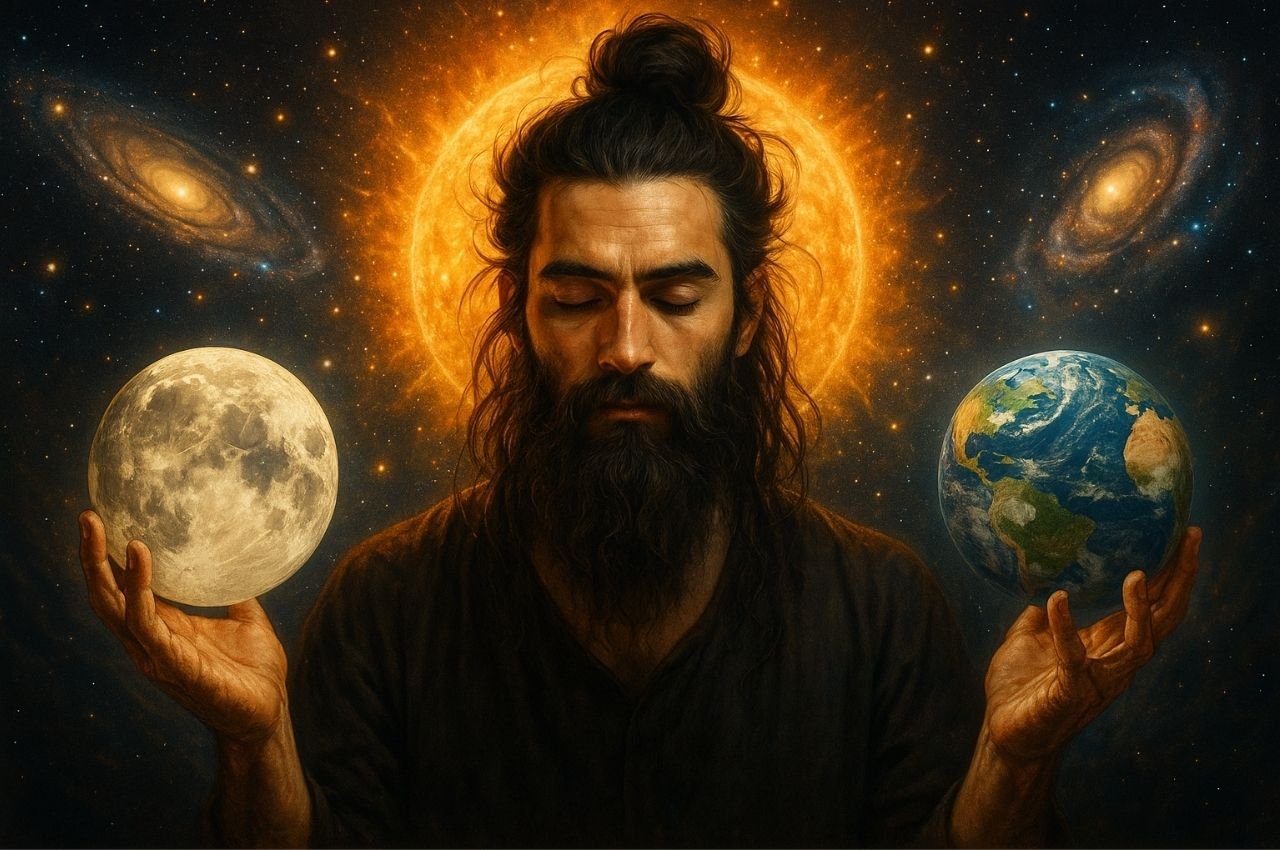 Guardían Cósmico en Equilibrio Universal Retrato horizontal de un hombre con barba larga y natural, cabello recogido en un gran chongo, en posición meditativa. Sostiene la Luna en una mano y la Tierra en la otra, mientras el Sol brilla intensamente detrás de su cabeza. El fondo está lleno de galaxias y estrellas, creando un entorno cósmico y espiritual.