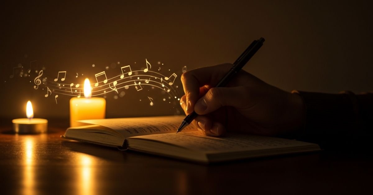 Mano escribiendo letras de canciones en un cuaderno iluminado por una vela, con notas musicales flotando en el aire en un ambiente cálido e inspirador.