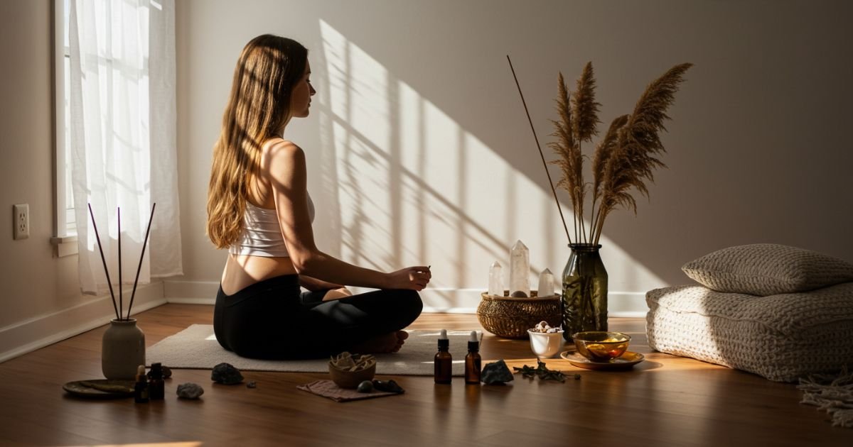 Puesto de mercado artesanal con productos naturales como jabones, aceites y cestas tejidas, rodeado de vegetación y luz solar