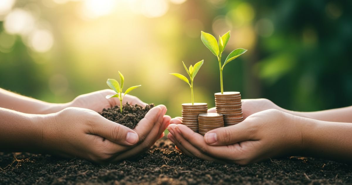Ilustración de monedas doradas creciendo en plantas, simbolizando una economía consciente y sostenible con enfoque humano