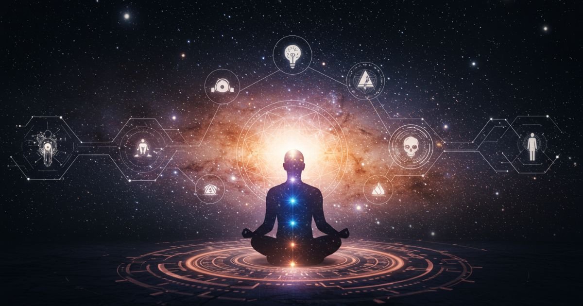 Futurista con auriculares de realidad aumentada interactuando con hologramas de energía, en un entorno tecnológico con elementos espirituales